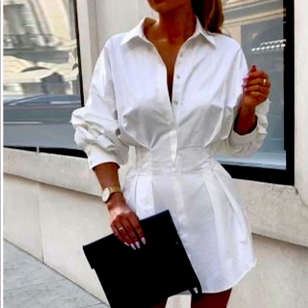 White mini dress 3/4 sleeve front tie shirt